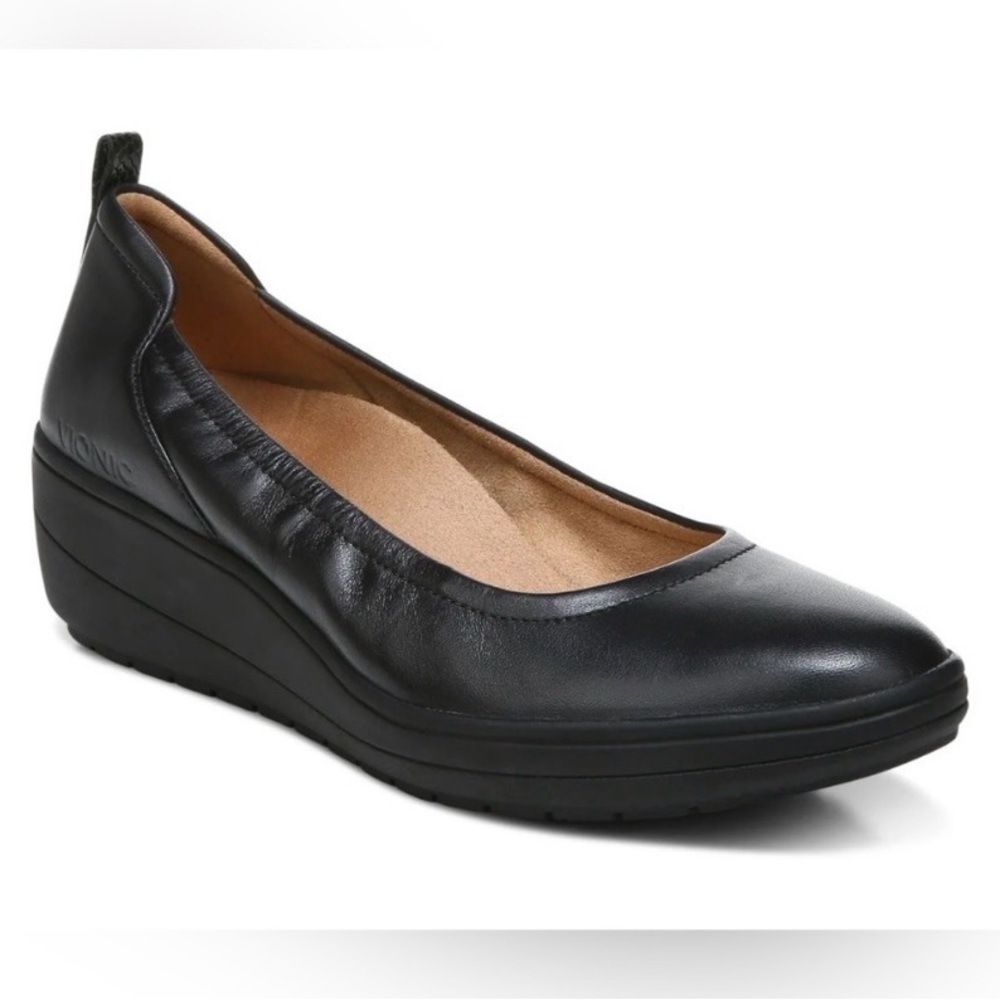 Vionic Jacey Size 7.5 Black Leather Wedge Flats Ballet Slip On Shoes Platform